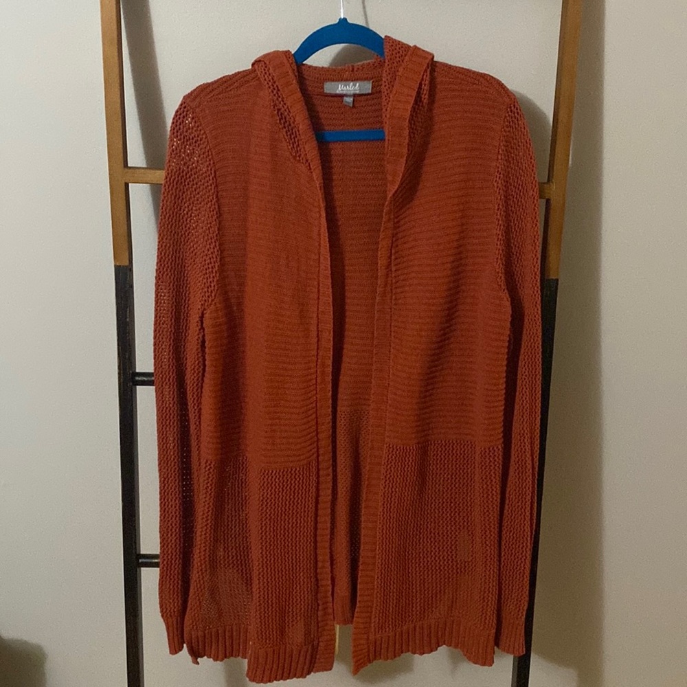 Orange hooded knit cardigan